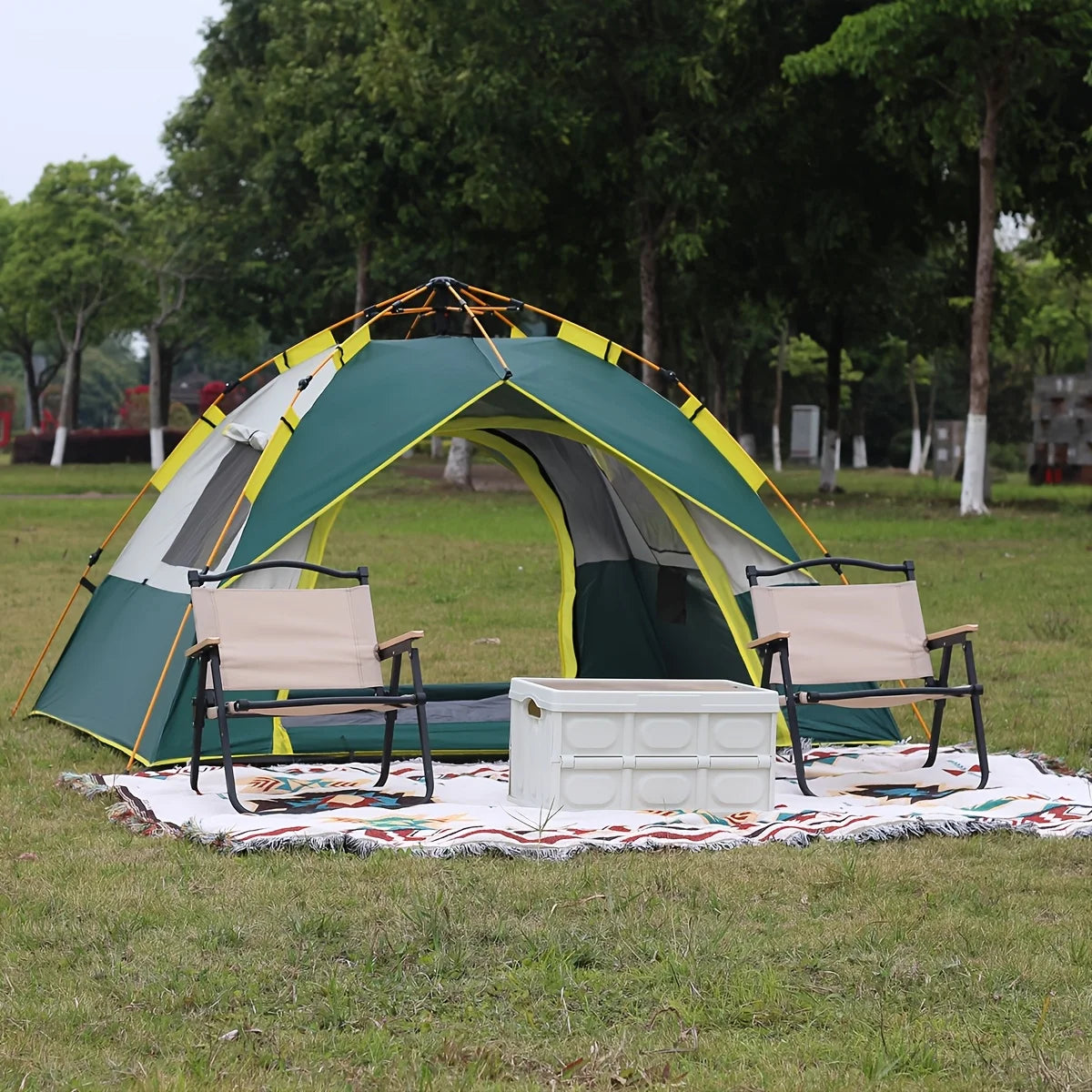 Automatic Pop-Up Tent for Four People Featuring UV Protection, Insect Netting, And a Sunshade - a Roomy Dark Green Camping Tent Equipped with a Zipper, Robust Support Pole, Ideal for Beach Outings, Parks, And Outdoor Adventur