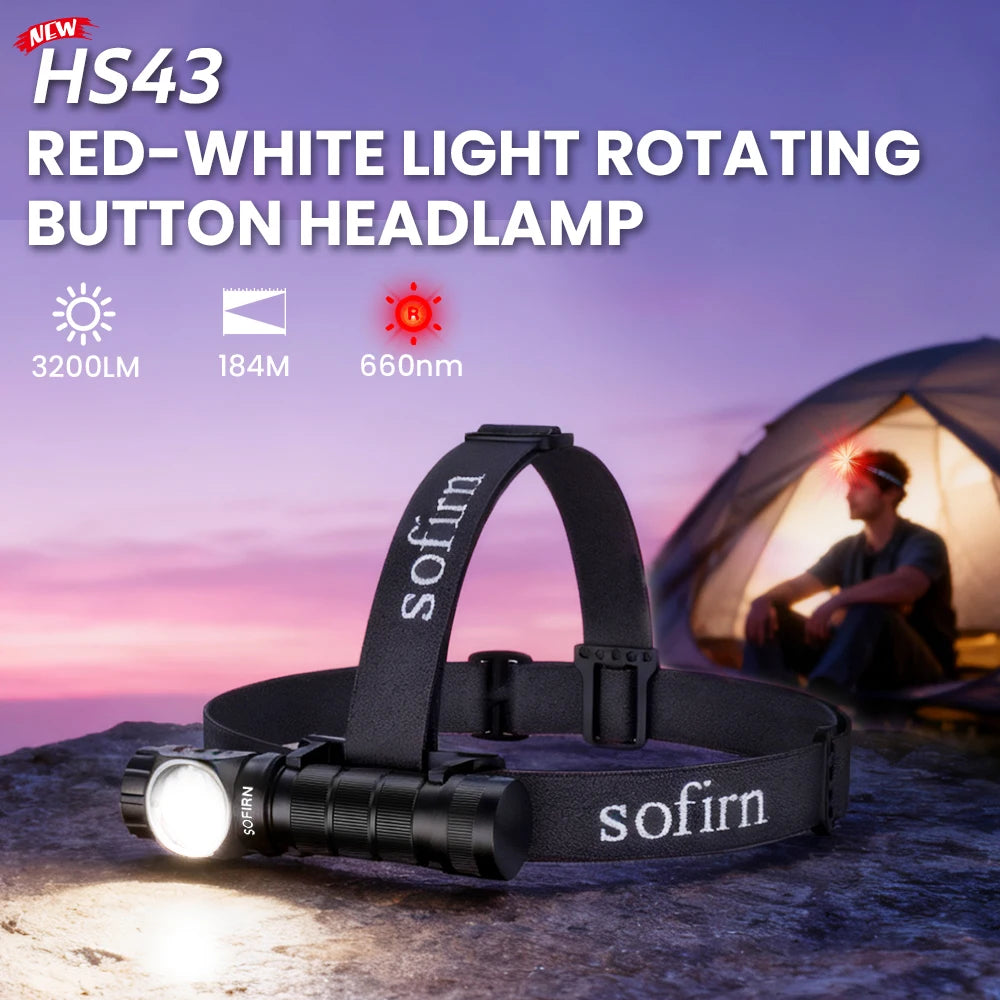 SOFIRN HS43 3200lm Headlamp Red Light 660nm 21700 USB C Rechargeable Flashlight with Magnetic Rotary Control Ring for Outdoor