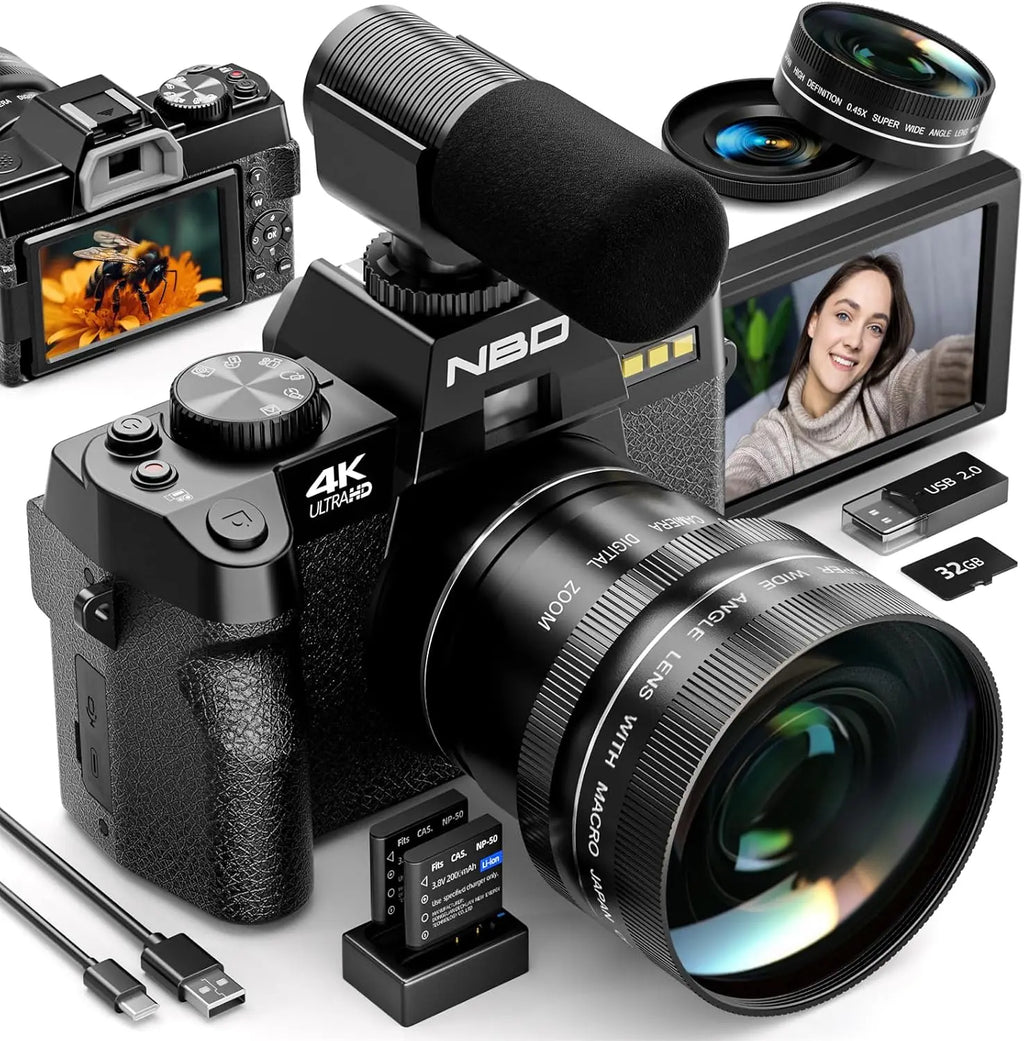 4K Digital Camera with 16X Digital Zoom,180°Flip Screen,52mm Macro Lens