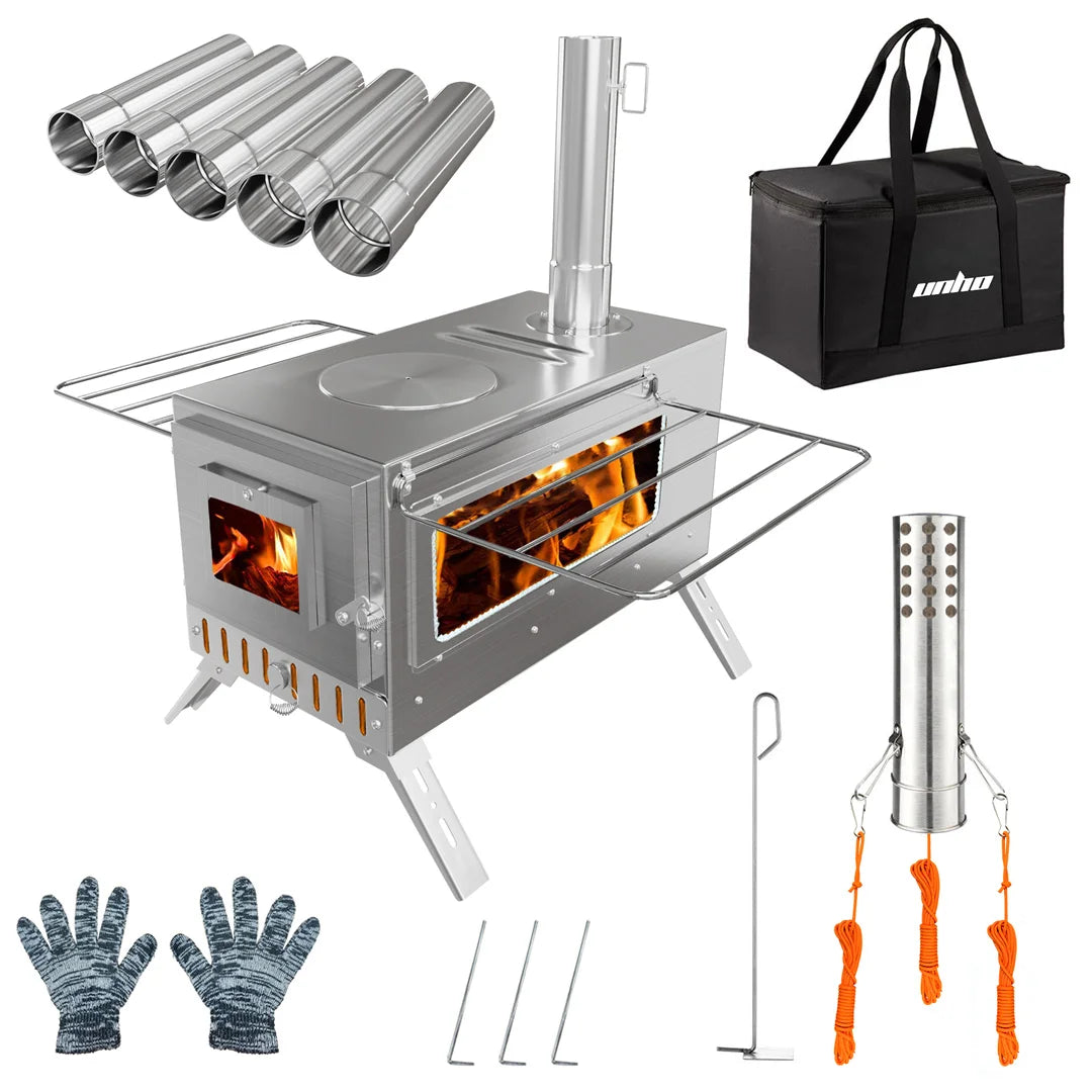 Hot Tent Wood Burning Portable Stove with 6 Stainless Chimney Pipes for Outdoor Heating & Cooking