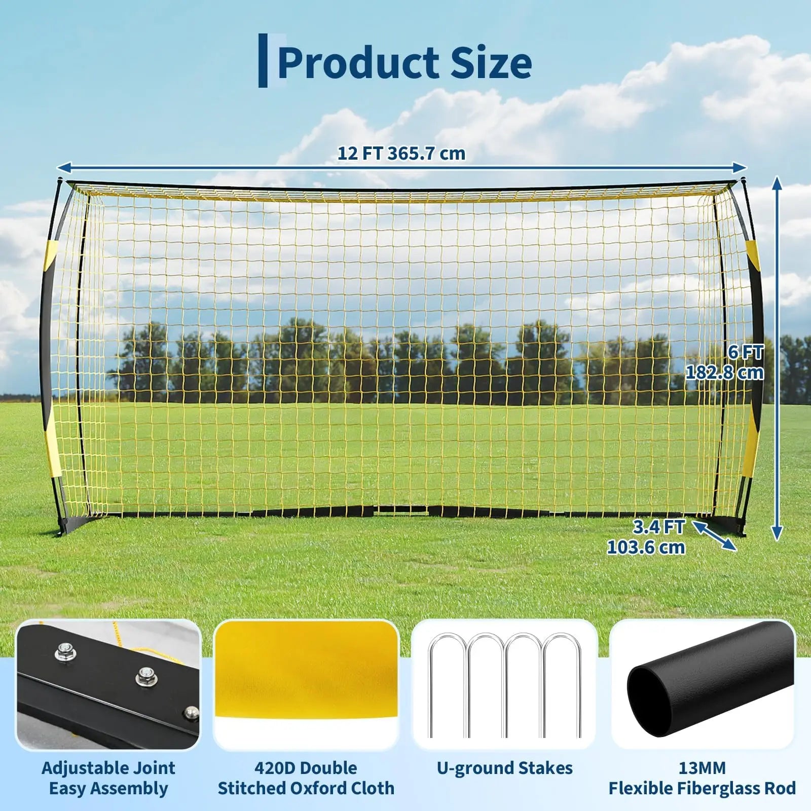 12x6ft Portable Soccer Goal Heavy Duty Metal Frame Foldable Backyard Soccer Net Fiberglass Support Training Equipment With Bag