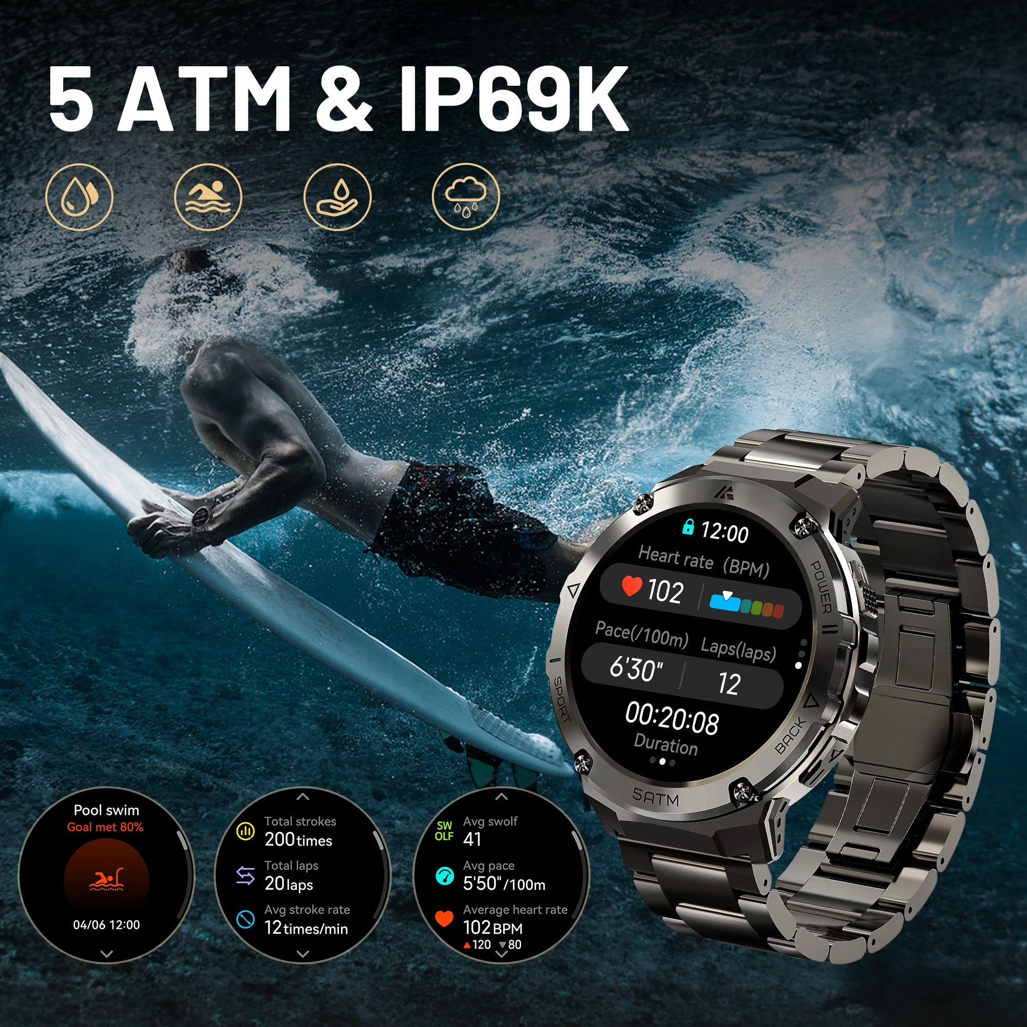Electronic GPS Waterproof Smart Watch For Men with Compass and Bluetooth