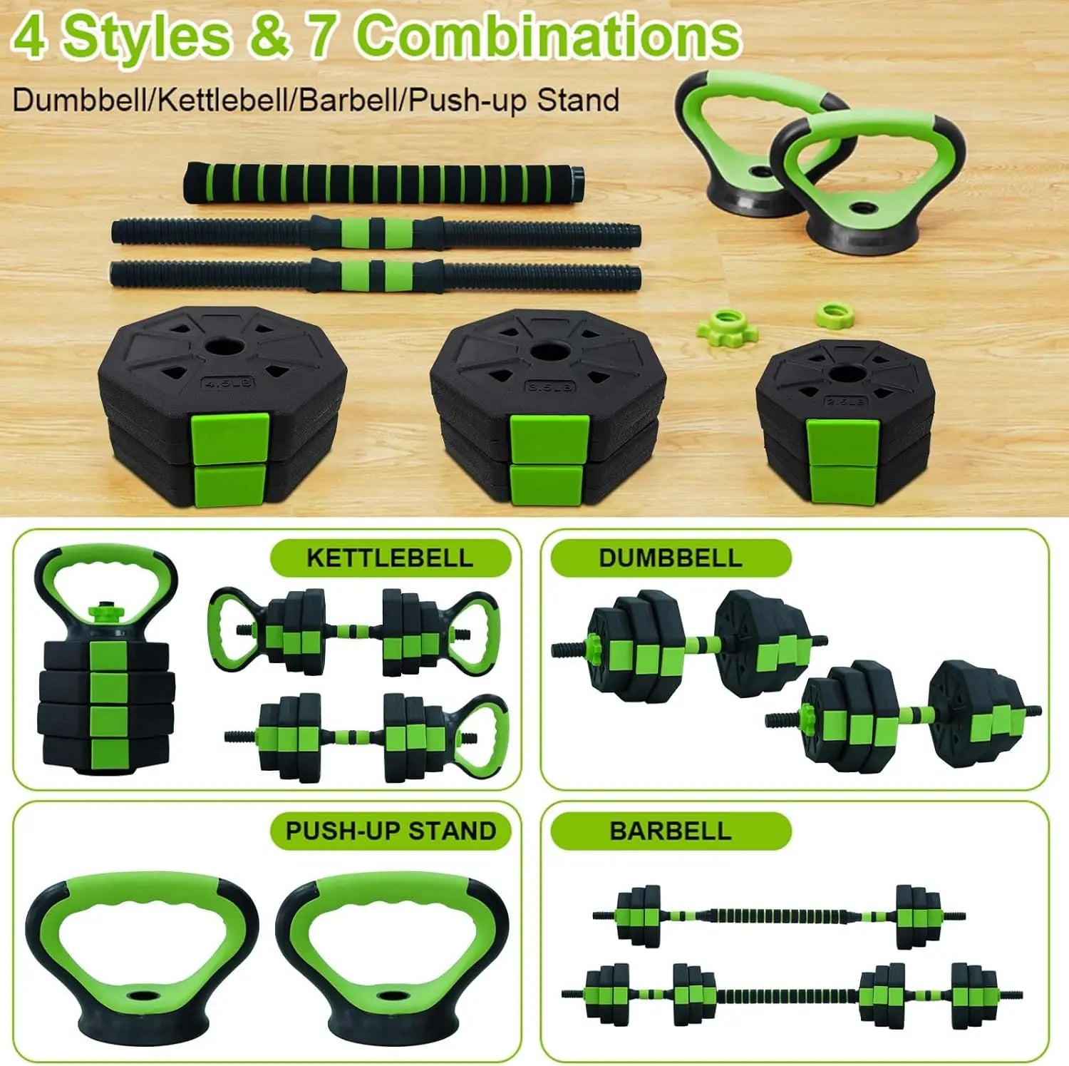 66lbs/88lbs Weight 4 in 1 Adjustable Barbell Kettlebell Set Home for GYM