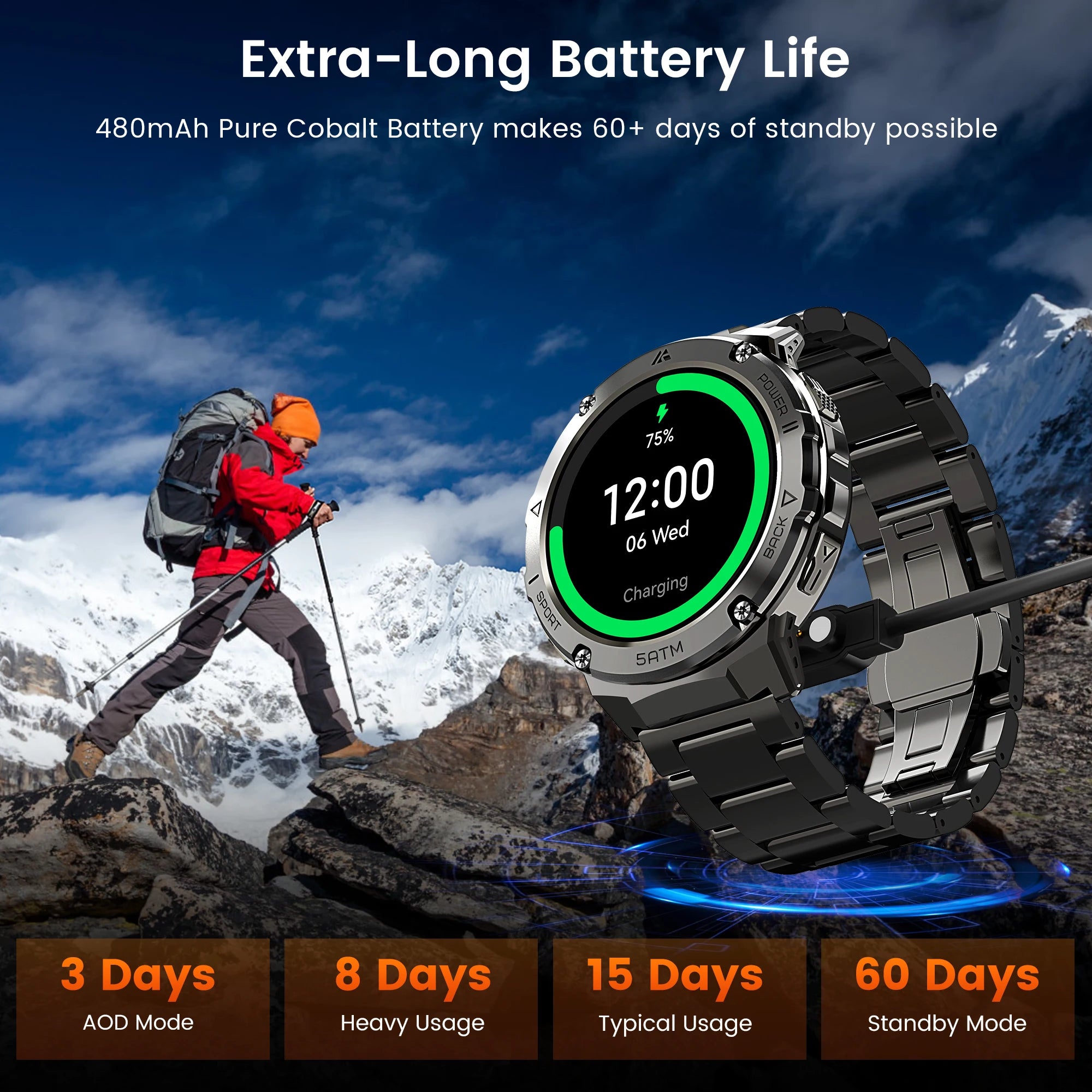 Electronic GPS Waterproof Smart Watch For Men with Compass and Bluetooth