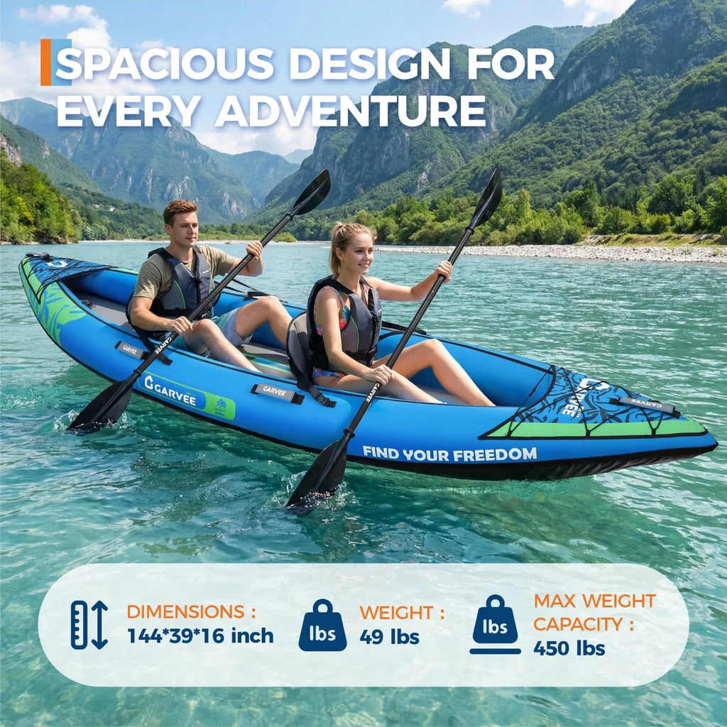2 Person Inflatable Kayak, Fishing Kayak, Portable Touring Kayaks with Padded Seat, 3 Fins, Hand Pump, Carry Bag, Repair Kit