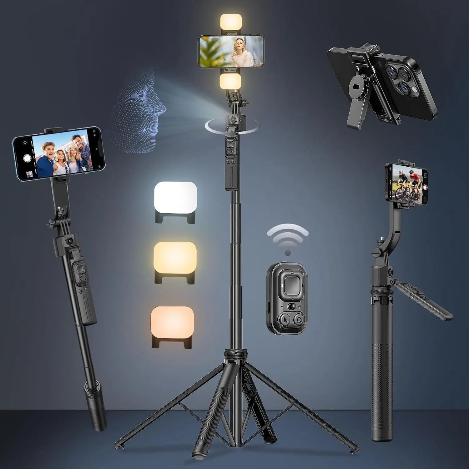 Remote Control AI Face Tracking Selfie Stick Tripod with Light for iPhone and Android