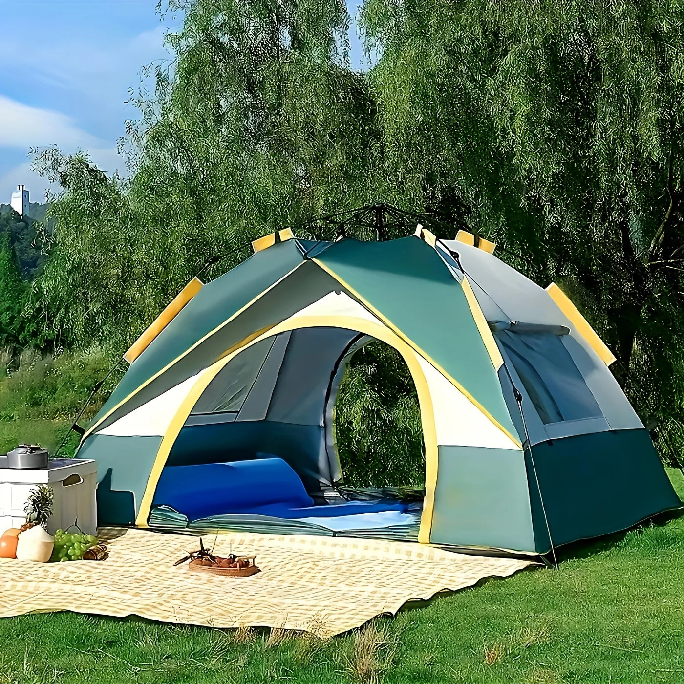 Automatic Pop-Up Tent for Four People Featuring UV Protection, Insect Netting, And a Sunshade - a Roomy Dark Green Camping Tent Equipped with a Zipper, Robust Support Pole, Ideal for Beach Outings, Parks, And Outdoor Adventur