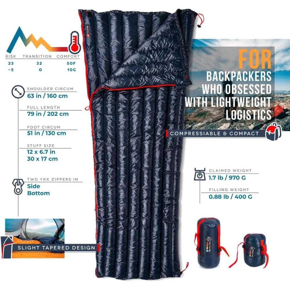 Ultralight Compact 650 Fill Power Down Sleeping Bag for Hiking - 32-50F, 27oz Weight, Envelope Style