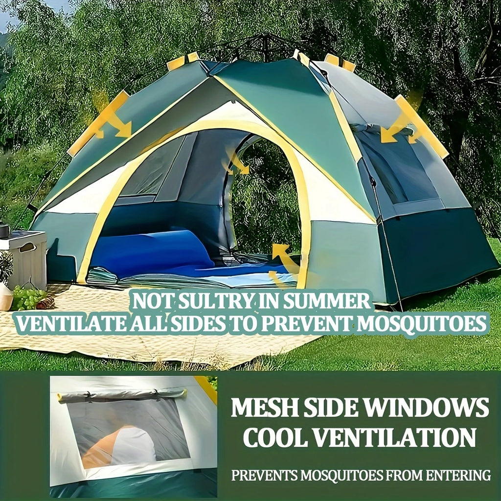 Automatic Pop-Up Tent for Four People Featuring UV Protection, Insect Netting, And a Sunshade - a Roomy Dark Green Camping Tent Equipped with a Zipper, Robust Support Pole, Ideal for Beach Outings, Parks, And Outdoor Adventur