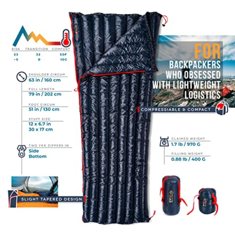 Ultralight Compact 650 Fill Power Down Sleeping Bag for Hiking - 32-50F, 27oz Weight, Envelope Style