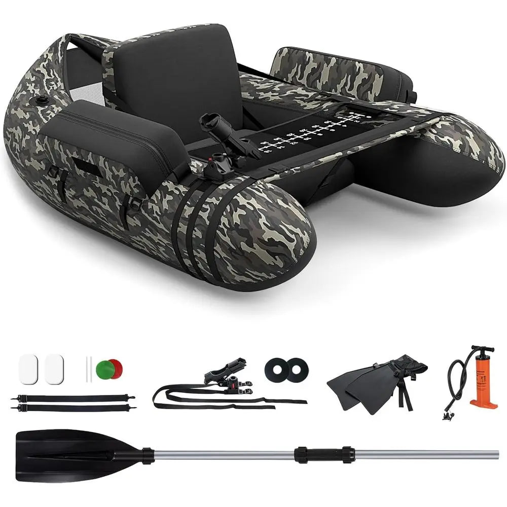 Inflatable 350lbs Fishing Boat with Paddle, Pump, Flippers, Fish Hook Stators, Fish Ruler, Storage Pockets