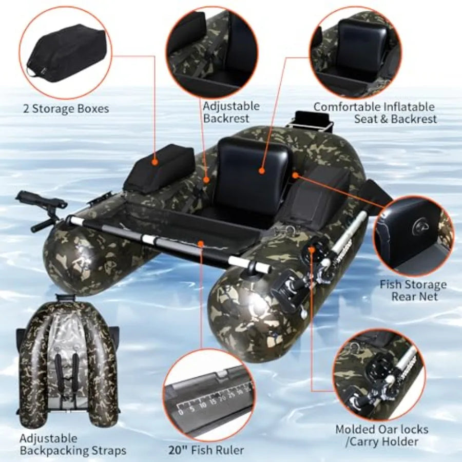 Inflatable Float Tube for Fishing with Pump Fish Ruler Adjustable Straps Storage Pockets 2 Oars 2 Rod Holders Motor Bracket