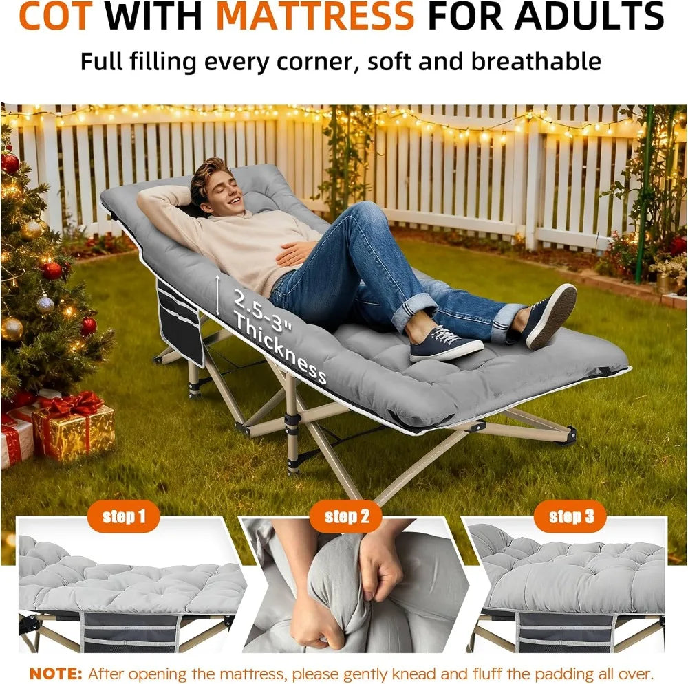 Portable Camping Cot, 600LBS Max Load, Extra Wide with Thick Mattress, Folding for Outdoor/Office/Home