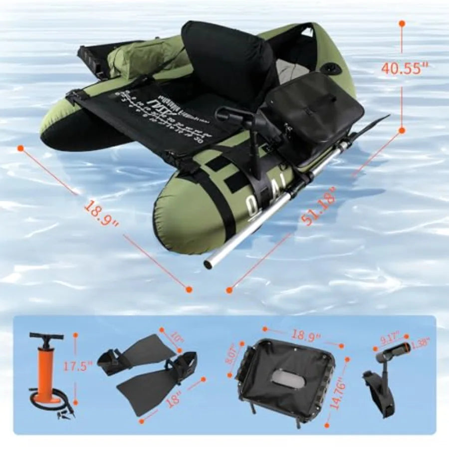 Inflatable Fishing Float Tube with Adjustable Straps Storage Pockets Fish Ruler Pump Oar Rod Holder and Mount Fins 350LBS Load