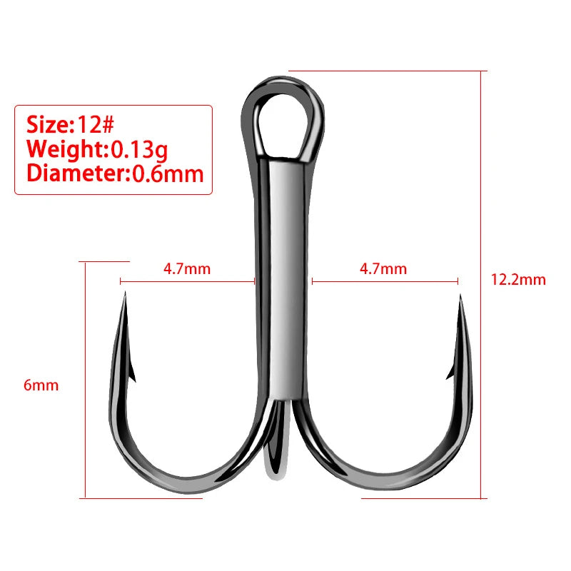 50Pcs High Carbon Treble Hooks Sizes 4/0# 6# 10# 12# 16#