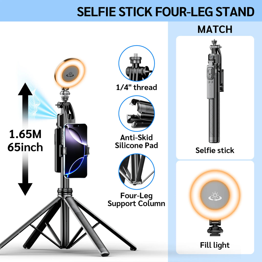 Tripod with 360°Auto-Rotation, AI Tracking, Remote Control, Bluetooth, Stabilizer Optional Fill Light