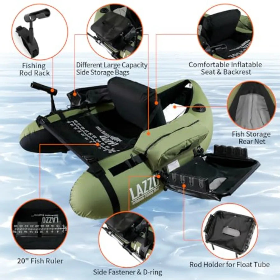 Inflatable Fishing Float Tube with Adjustable Straps Storage Pockets Fish Ruler Pump Oar Rod Holder and Mount Fins 350LBS Load
