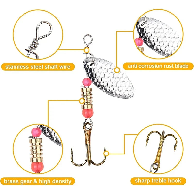 Metal Spinner Spoon Lure Kit with High-Strength Hooks