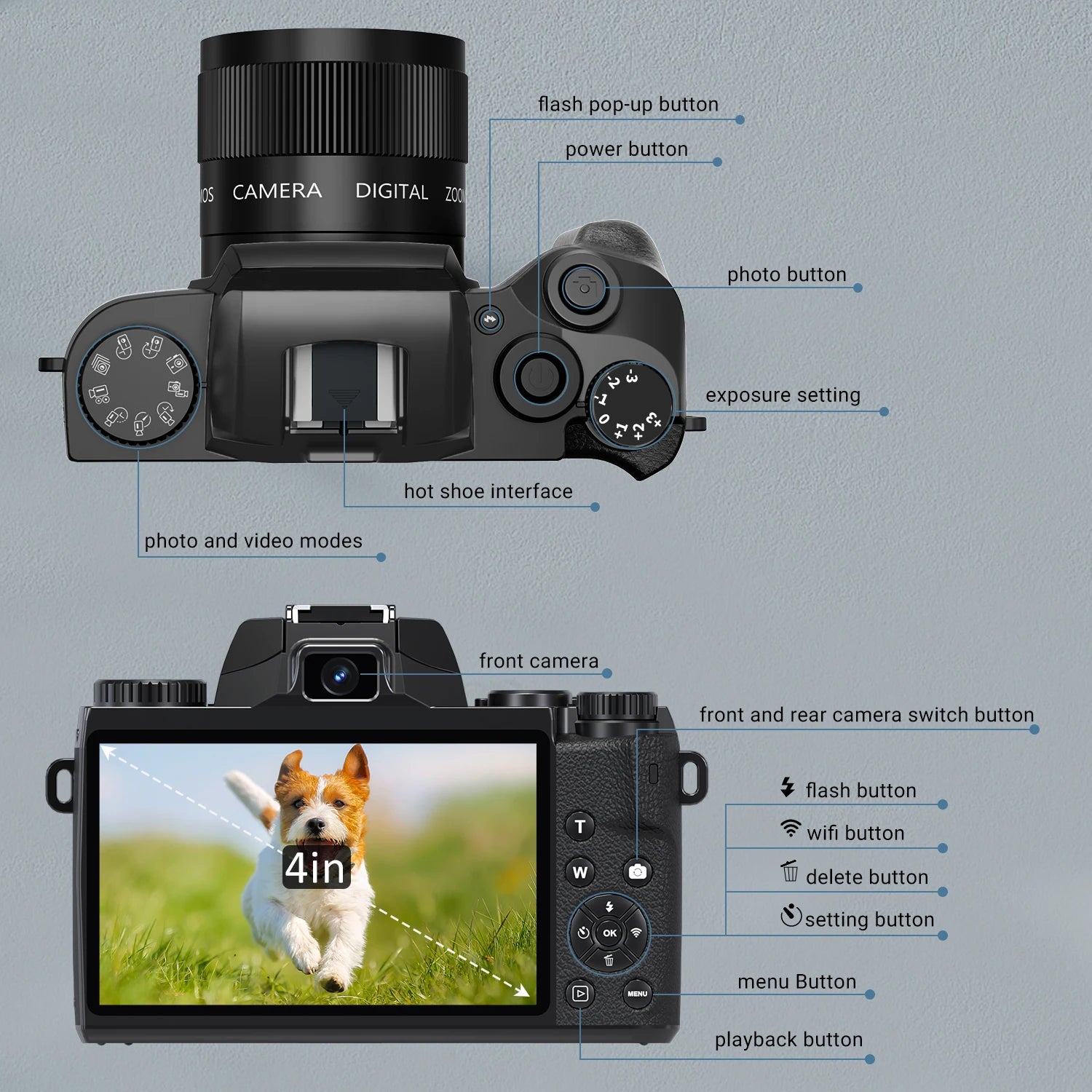 Digital Camera 4K WiFi Camera with Flash, Lens Hood, Front and Rear Camera, 4 Inch Touch Screen
