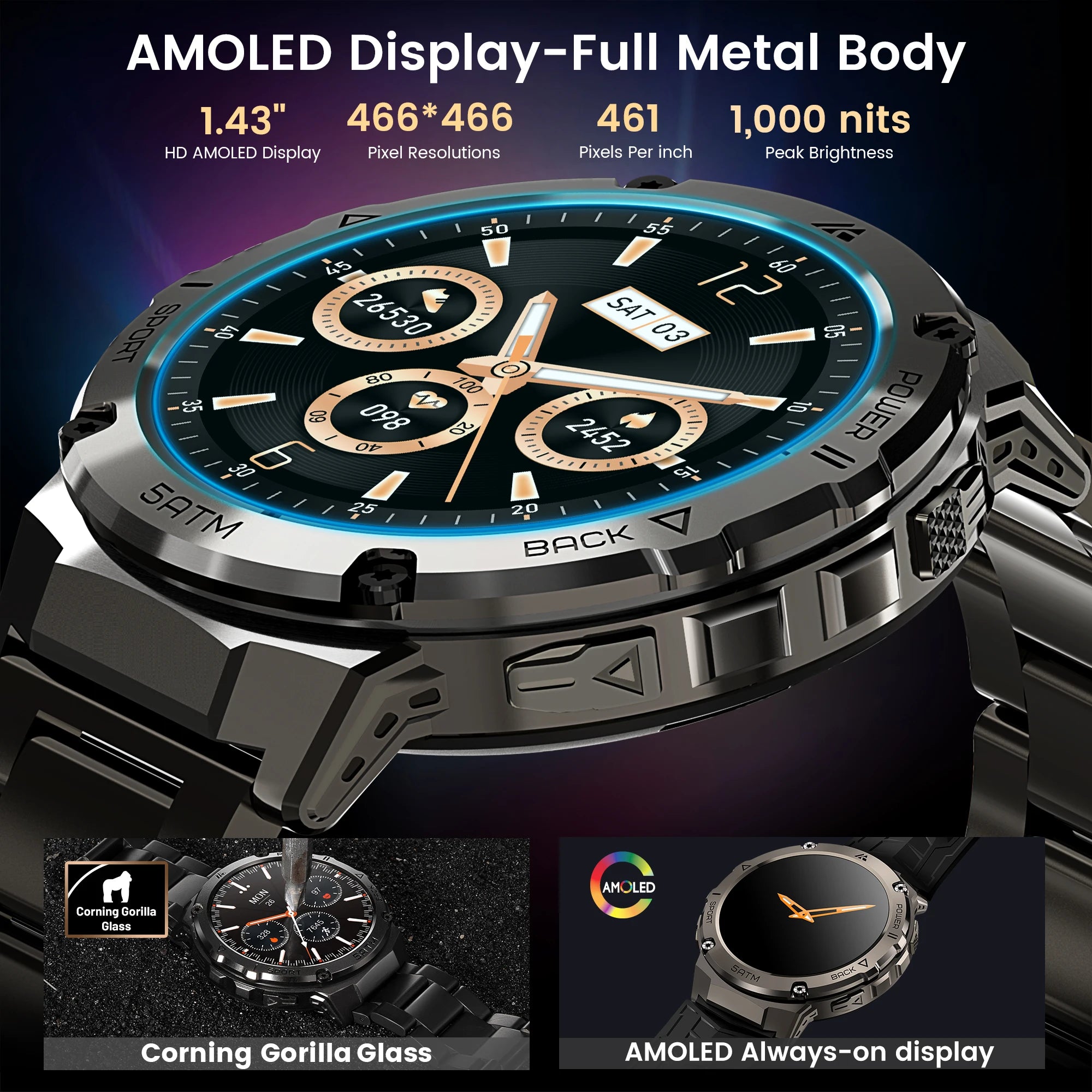 Electronic GPS Waterproof Smart Watch For Men with Compass and Bluetooth