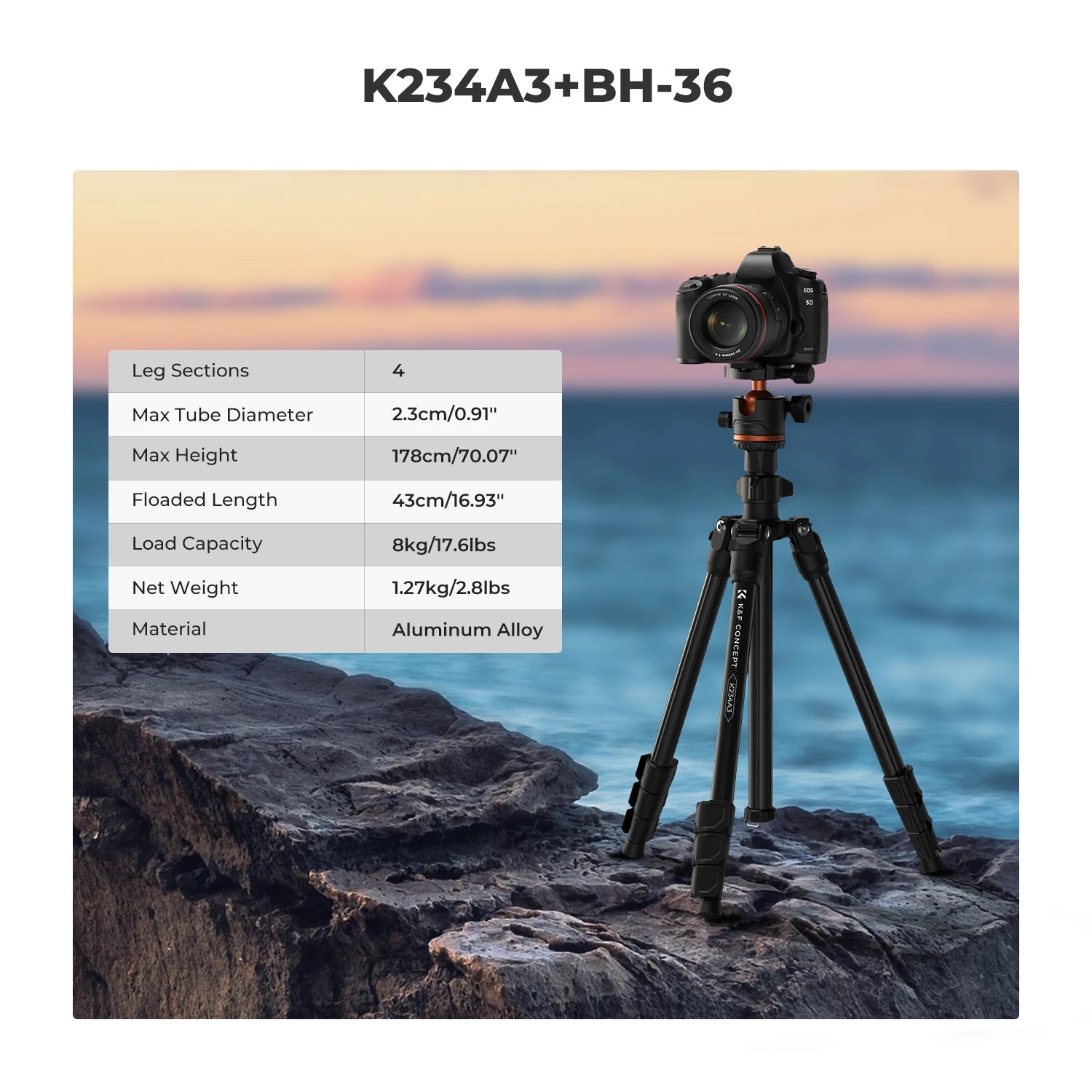 Lightweight 178cm Camera Tripod with Cellphone Clip