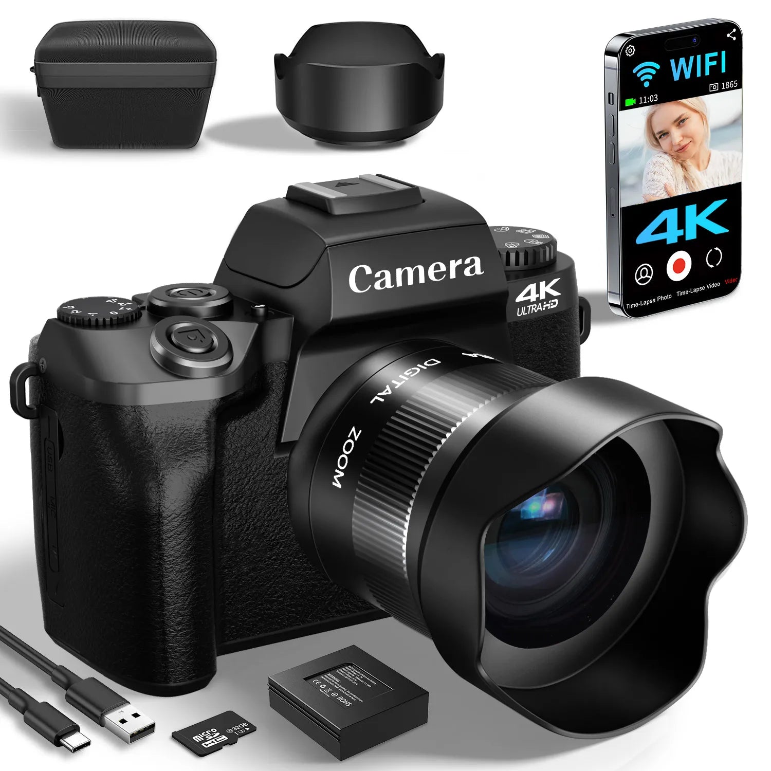 Digital Camera 4K WiFi Camera with Flash, Lens Hood, Front and Rear Camera, 4 Inch Touch Screen