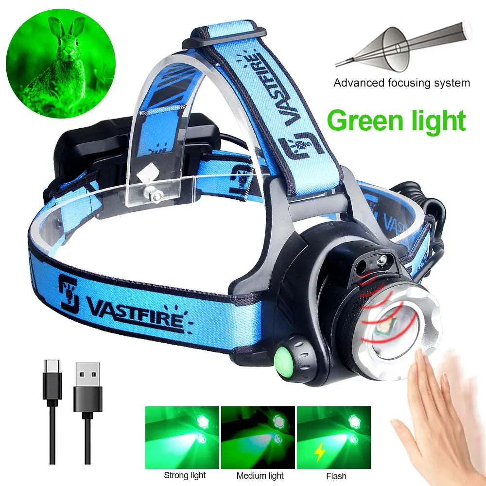 Tactical Headlight Red/Green/UV395nm/White Light Head Torch Zoomable LED USB Charging 3 Modes Headlamp Power Headlight Hunting