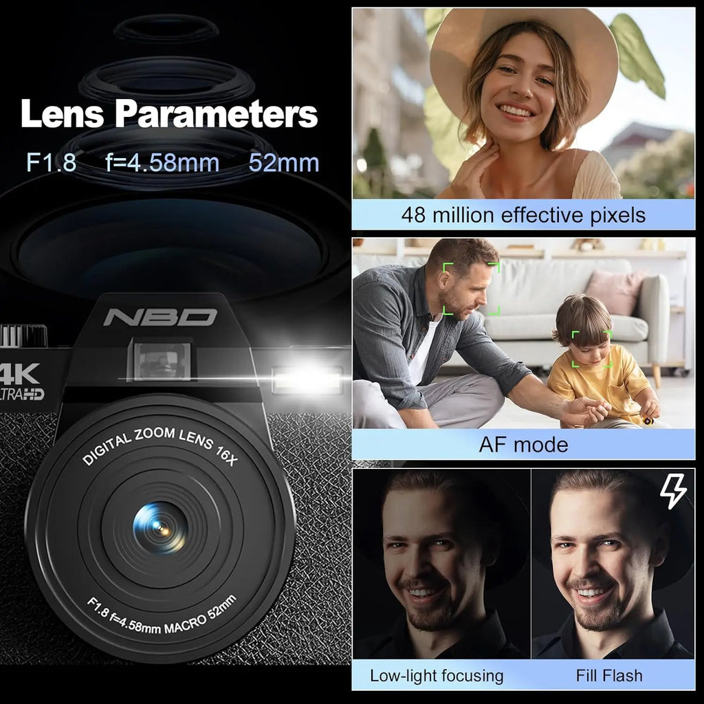 4K Digital Camera with 16X Digital Zoom,180°Flip Screen,52mm Macro Lens
