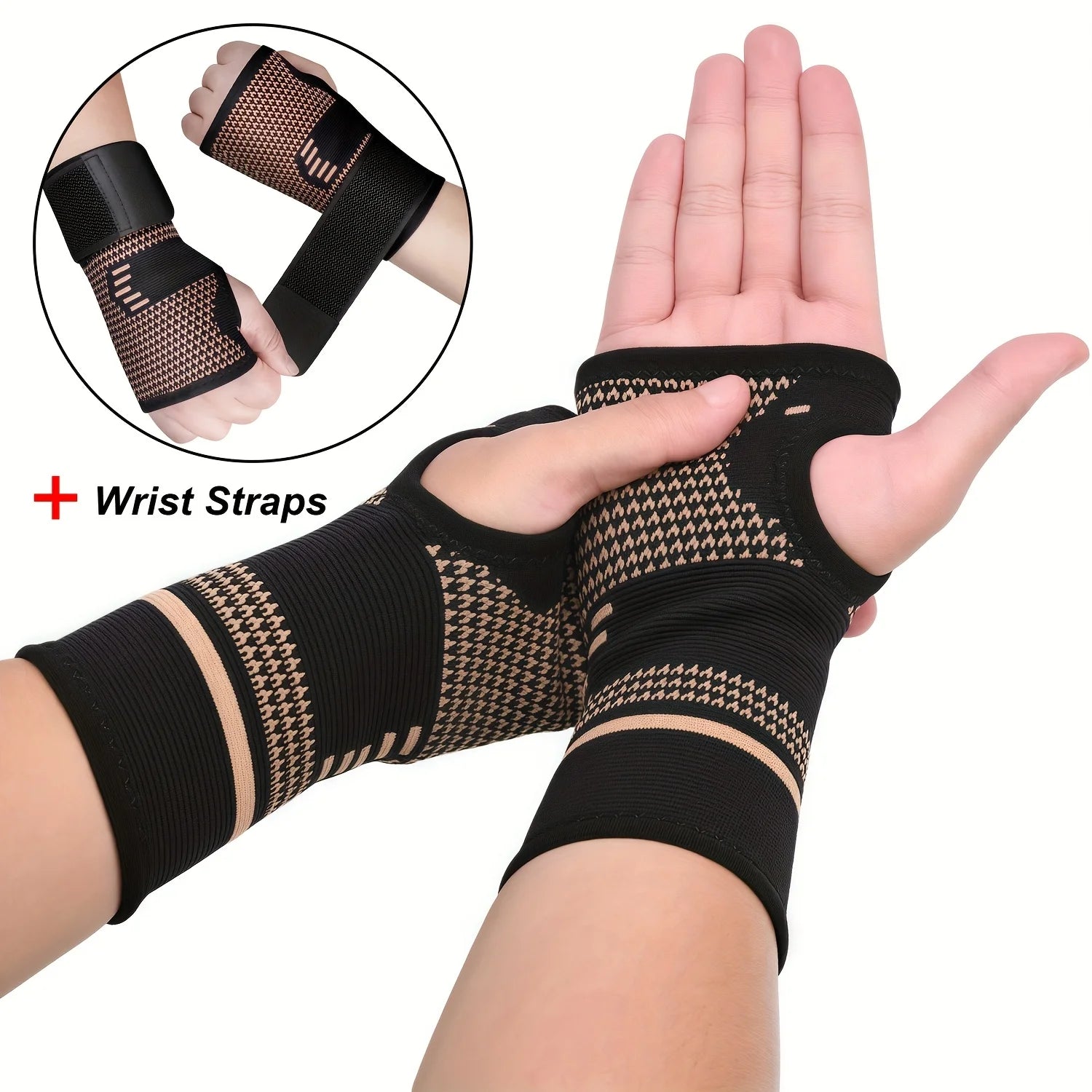 2-Pack Copper Wrist Brace Gloves, Adjustable Compression Straps, Breathable Mesh Wrist Support for Men & Women