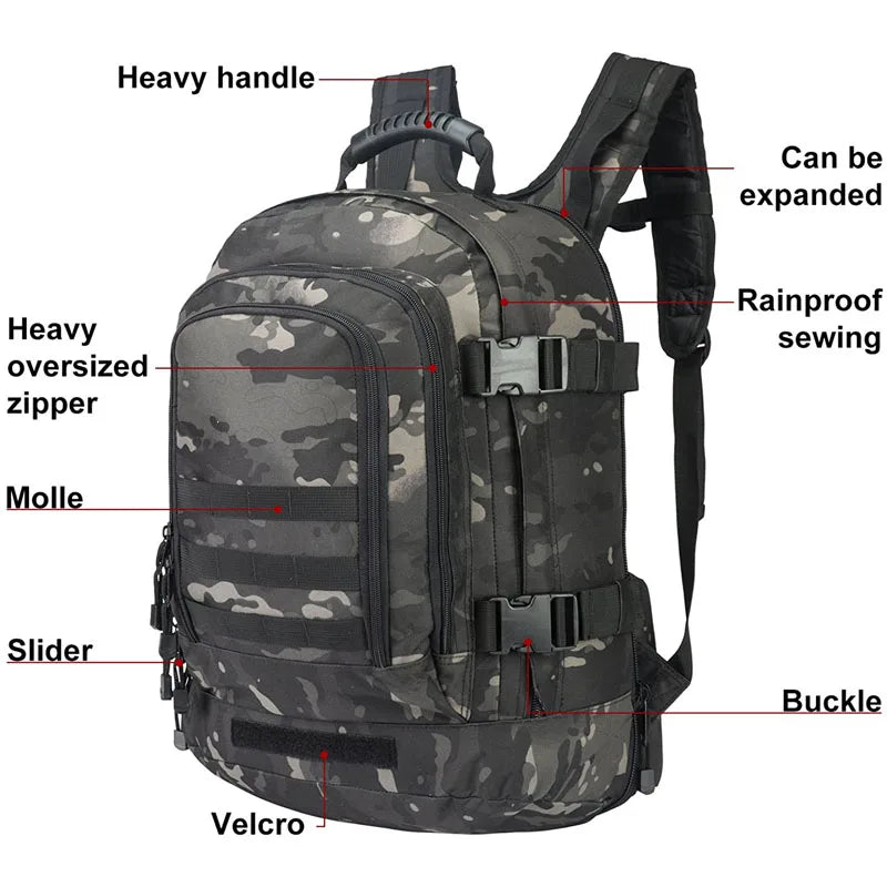 Extra Large 60L  Water Resistant Sturdy Outdoor Camo Travel Laptop Military Tactical Backpack For Men Women