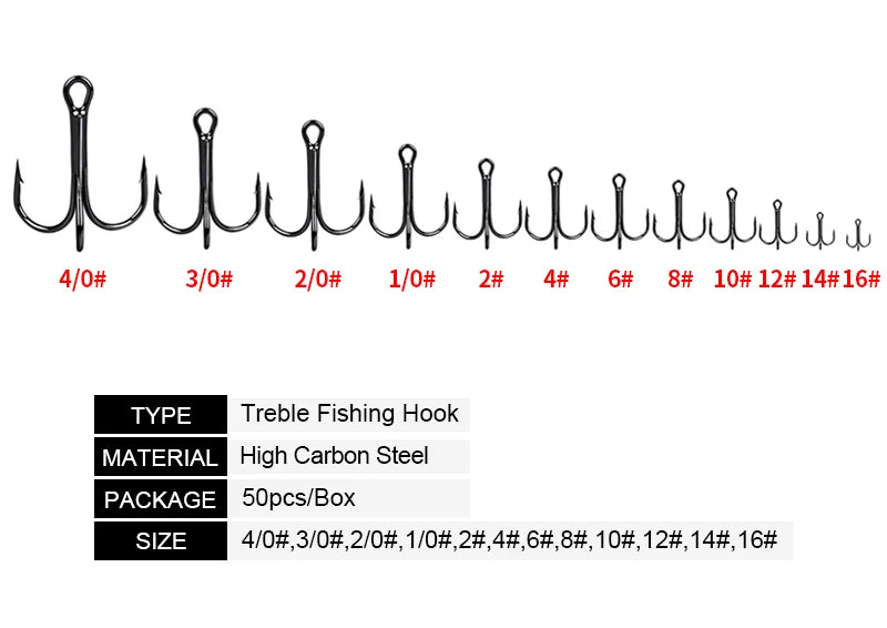 50Pcs High Carbon Treble Hooks Sizes 4/0# 6# 10# 12# 16#