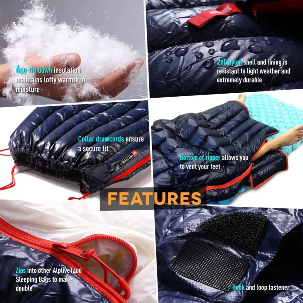 Ultralight Compact 650 Fill Power Down Sleeping Bag for Hiking - 32-50F, 27oz Weight, Envelope Style