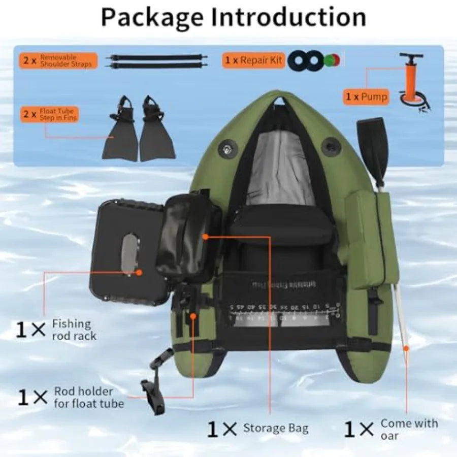 Inflatable Fishing Float Tube with Adjustable Straps Storage Pockets Fish Ruler Pump Oar Rod Holder and Mount Fins 350LBS Load