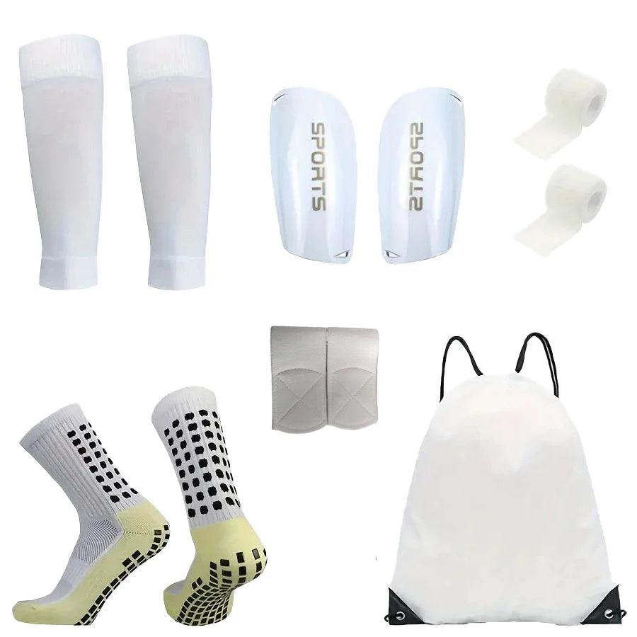 6-Piece Set of Outdoor Sports Soccer Socks + Shin Guards + Shin Socks + Ankle Guards + Straps + Storage Bag
