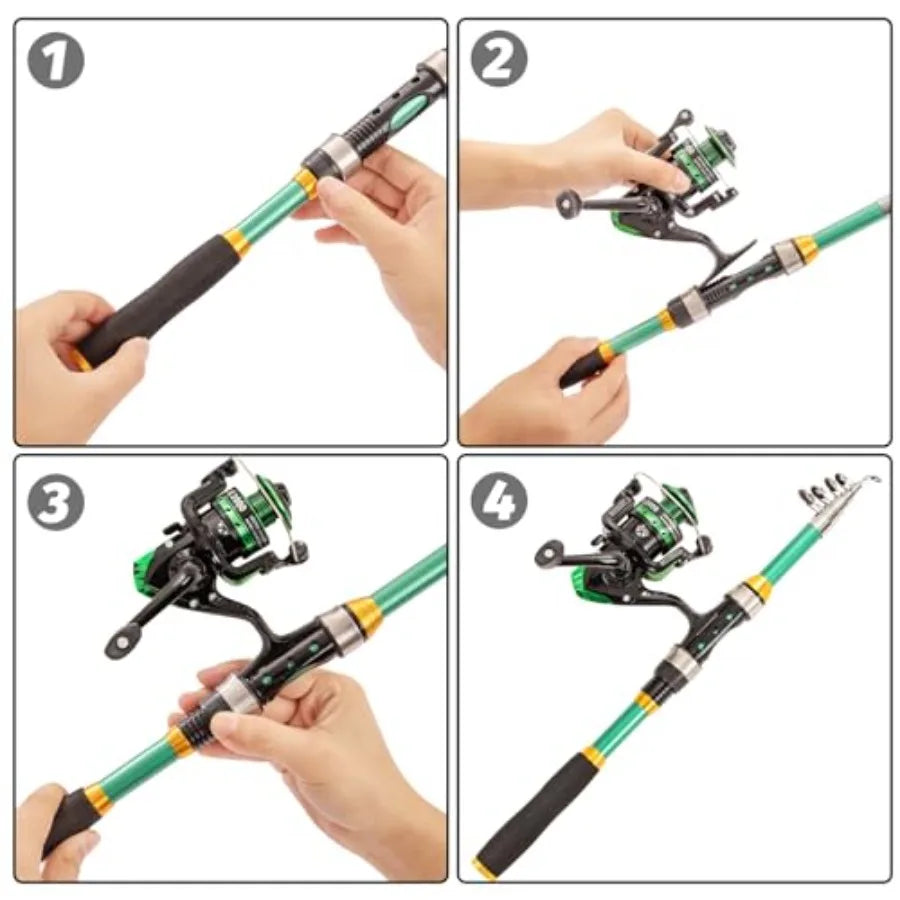 Fishing Rod and Reel Combos with Fiberglass Telescopic Fishing Pole - Spinning Reel Fishing Carrier Bag, Freshwater and Saltwat