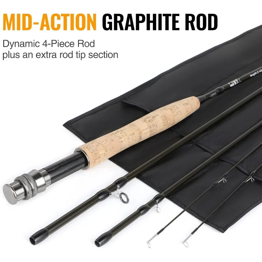 Lightweight UltraPortable Graphite Fly Fishing Rod and Reel Combo Starter Kit 4 Piece Complete Package with Carrier Bag for Out