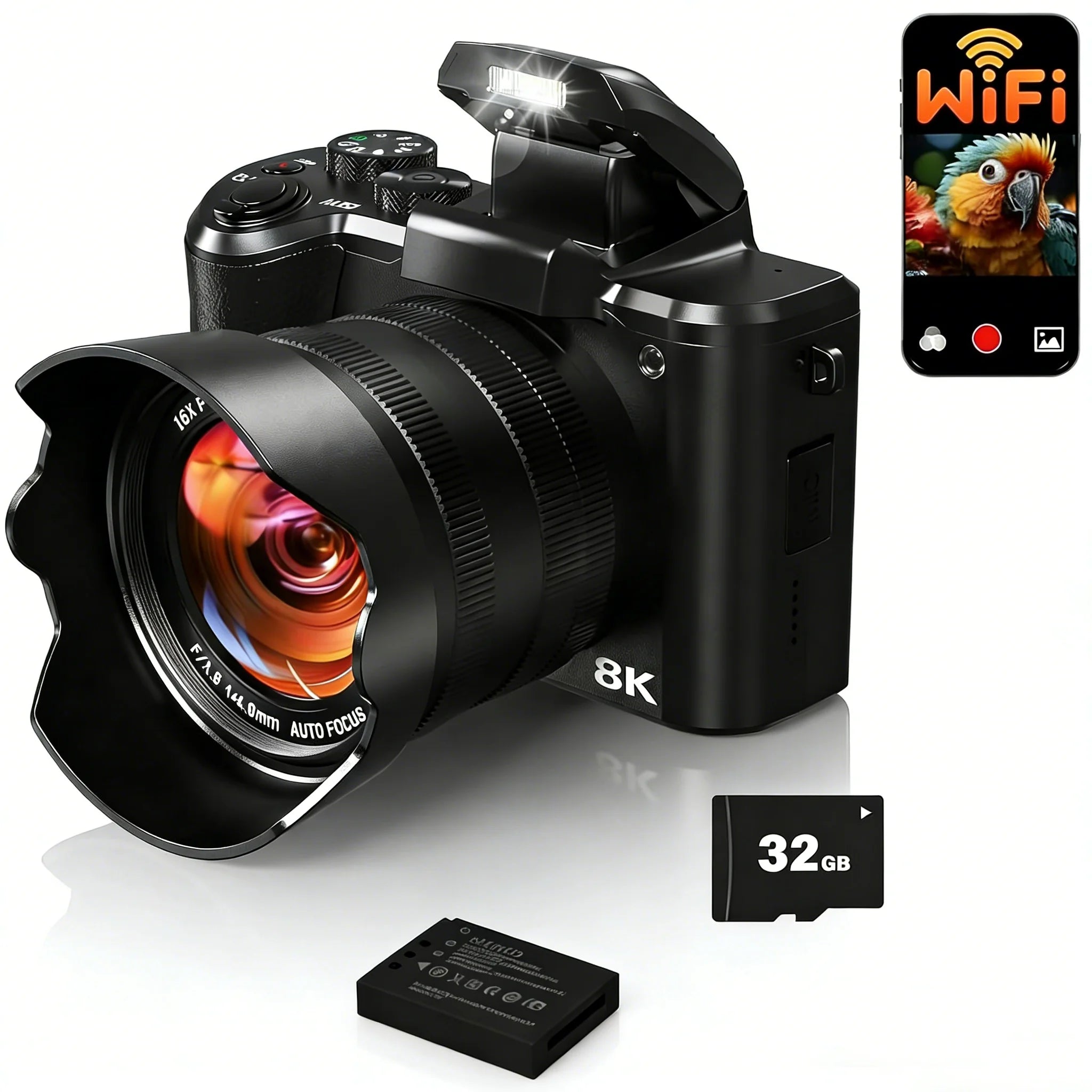 8K Digital Camera with WiFi, Vlogging, Autofocus, Touch Screen, Flash, Selfie Lens and 32GB