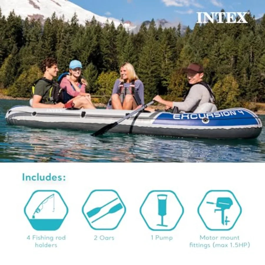 Excursion 5 Inflatable Boat Set: 5-Person 1320lb Capacity Durable PVC Blue Adjustable Seats with Backrest