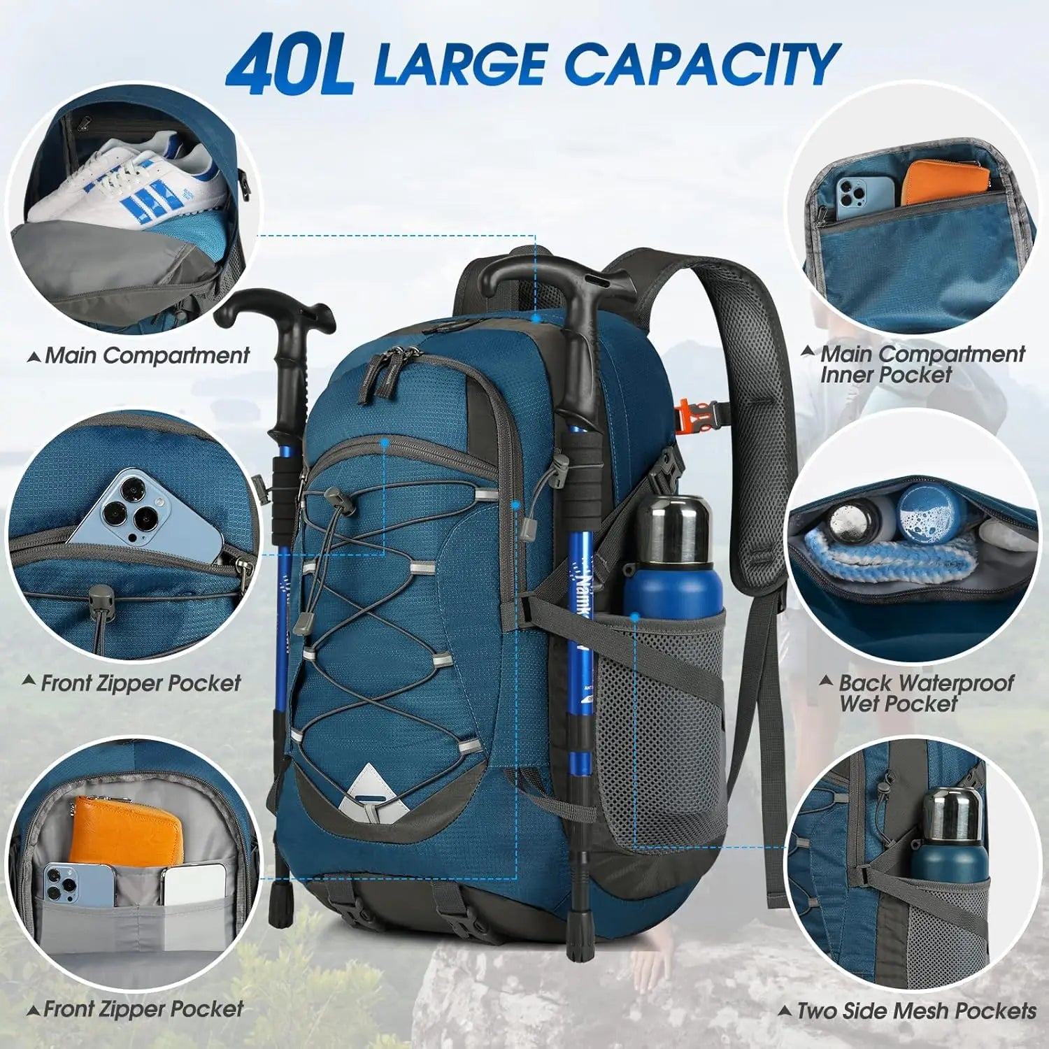 Lightweight 40L Hiking Waterproof Camping Travel Daypack/Backpack for Women/Men