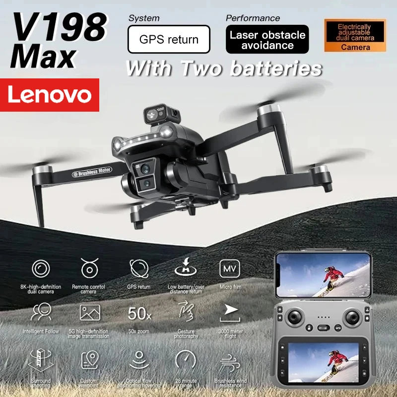 Lenovo V198Max GPS Drone 4K Professional 8K HD Two Camera  Brushless Motor 5G WIFI FPV RC Quadcopter Helicopter with Screen toy from China