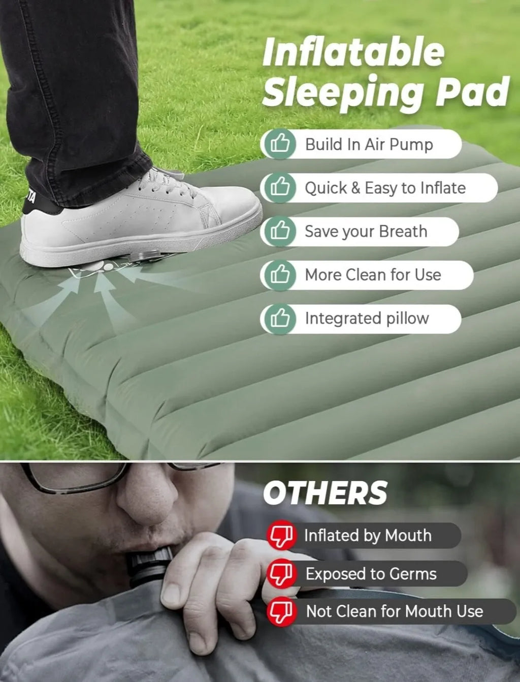 Ultra-Light Sleeping Mat 4" Thick Self-Inflating for Camping