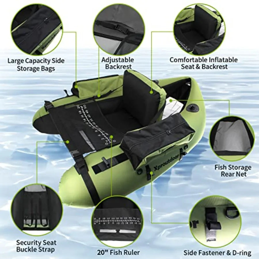 Fishing Float Tube with Adjustable Backpack Straps Storage Pockets Fish Ruler Fly Fishing Boat with Pump Oar Rod Holder and Mou