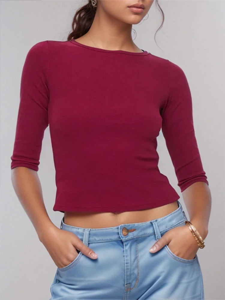 Women's Slim Fit round Neck T-Shirt Y2K Style Short-Sleeved Solid Color Fashion Model Top Seven Points Design