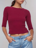 Women's Slim Fit round Neck T-Shirt Y2K Style Short-Sleeved Solid Color Fashion Model Top Seven Points Design
