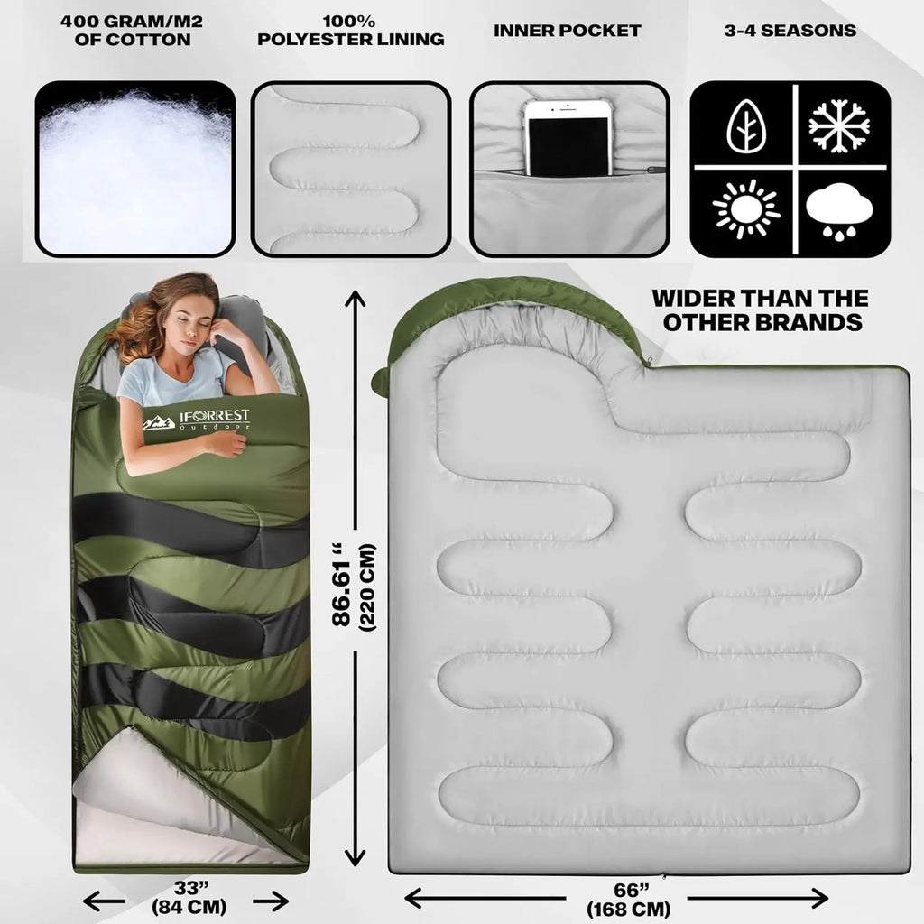 Single Person Cold Weather Camping Sleeping Bag for Adults and Teens - XXL 33in/ 40" - Extra-Wide