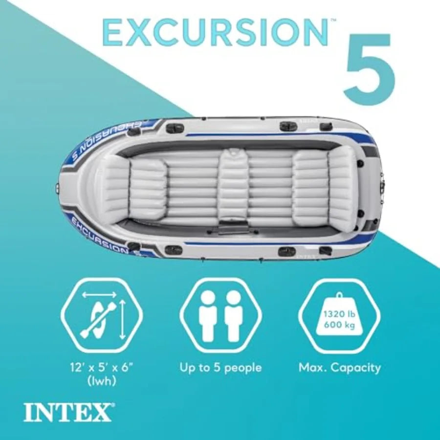 Excursion 5 Inflatable Boat Set: 5-Person 1320lb Capacity Durable PVC Blue Adjustable Seats with Backrest