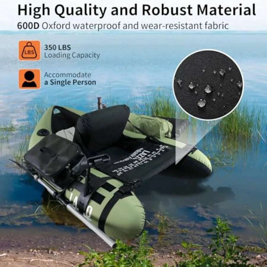 Inflatable Fishing Float Tube with Adjustable Straps Storage Pockets Fish Ruler Pump Oar Rod Holder and Mount Fins 350LBS Load