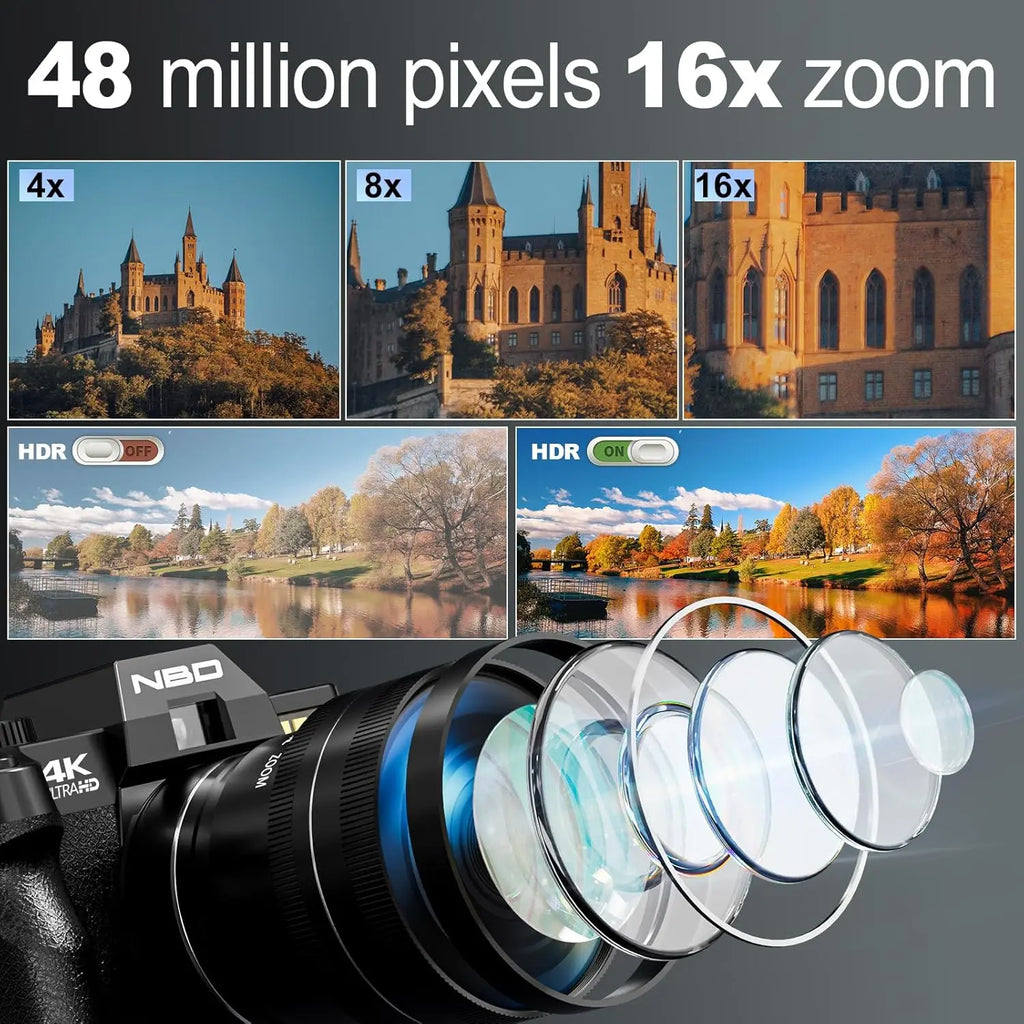 4K Digital Camera with 16X Digital Zoom,180°Flip Screen,52mm Macro Lens