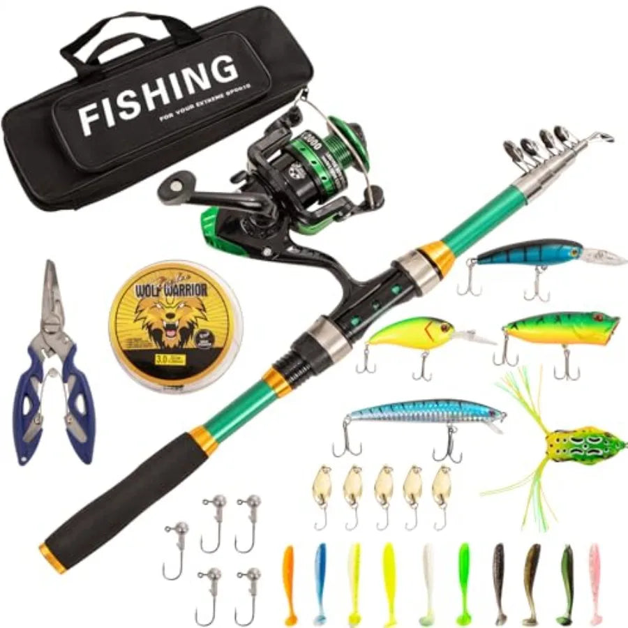 Fishing Rod and Reel Combos with Fiberglass Telescopic Fishing Pole - Spinning Reel Fishing Carrier Bag, Freshwater and Saltwat