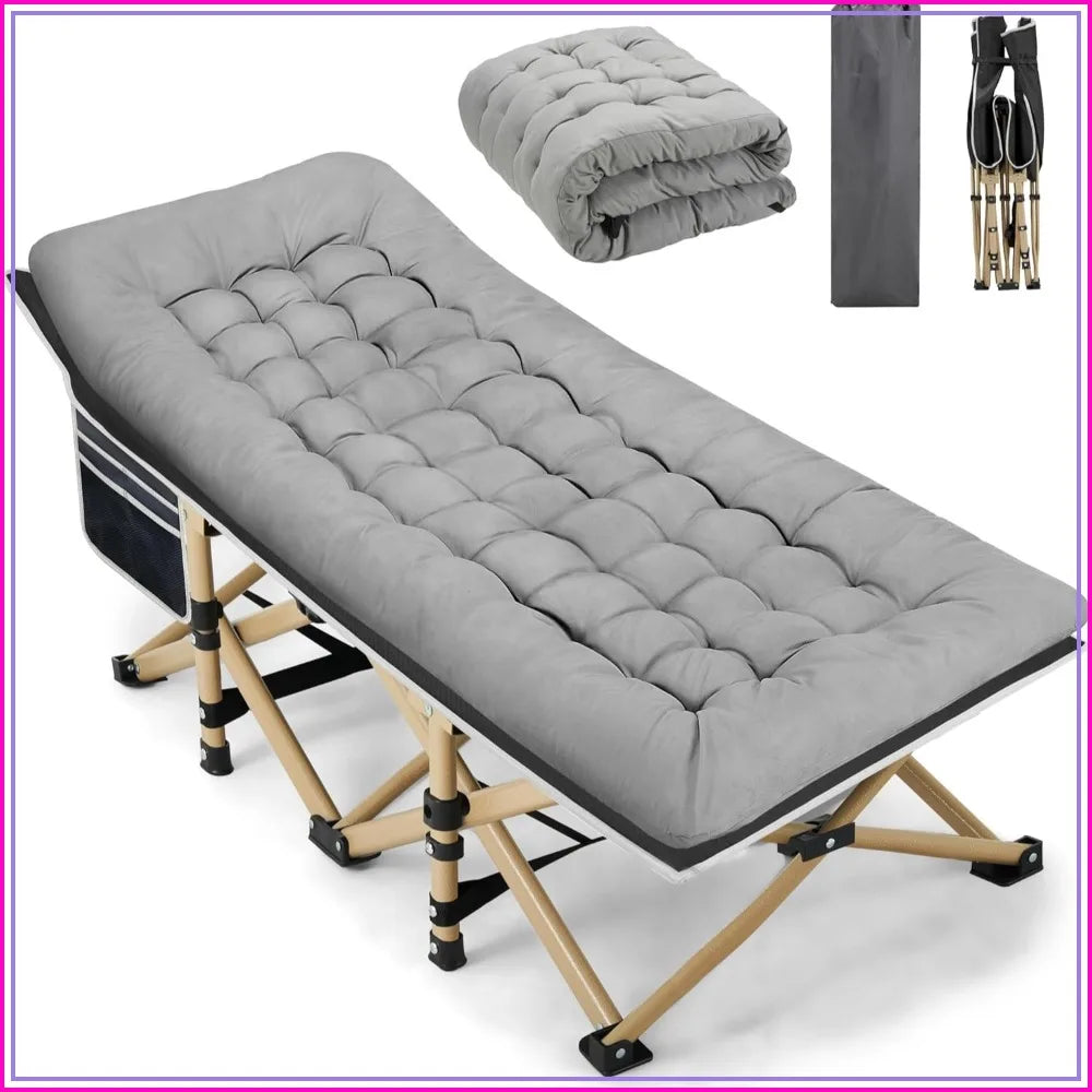Portable Camping Cot, 600LBS Max Load, Extra Wide with Thick Mattress, Folding for Outdoor/Office/Home